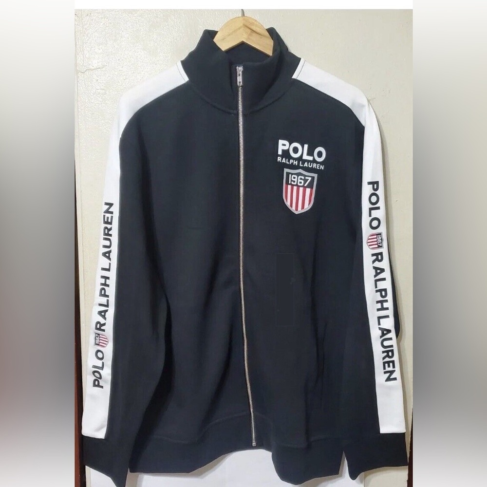 Polo by Ralph Lauren Men's Black Zip-Front Track Jacket with White Sleeve Panels